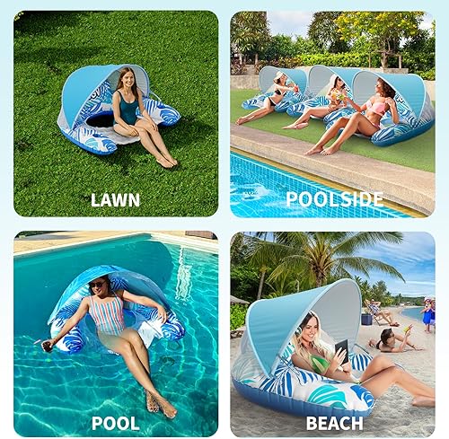 Vista 5 de Flotador de piscina para adultos con toldo, silla inflable XL con cubierta de sombra ajustable, soporte para bebidas, reposacabezas ergonómico