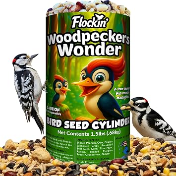 Woodpecker Bird Seed Cylinders with Hole, Peanuts, Oats & Suet, 4" x 7.75" | High Energy Woodpecker Blend, Cylinder Bird Seed with Sunflower Chips, Peanuts, Suet, Pecans & Pumpkin Seeds, USA Made 1.5lbs