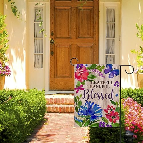 Miniatura 6 de Hzppyz Grateful Thankful Blessed - Bandera de jardín de Acción de Gracias, pequeña bandera decorativa para exteriores, arpillera rústica, bandera de
