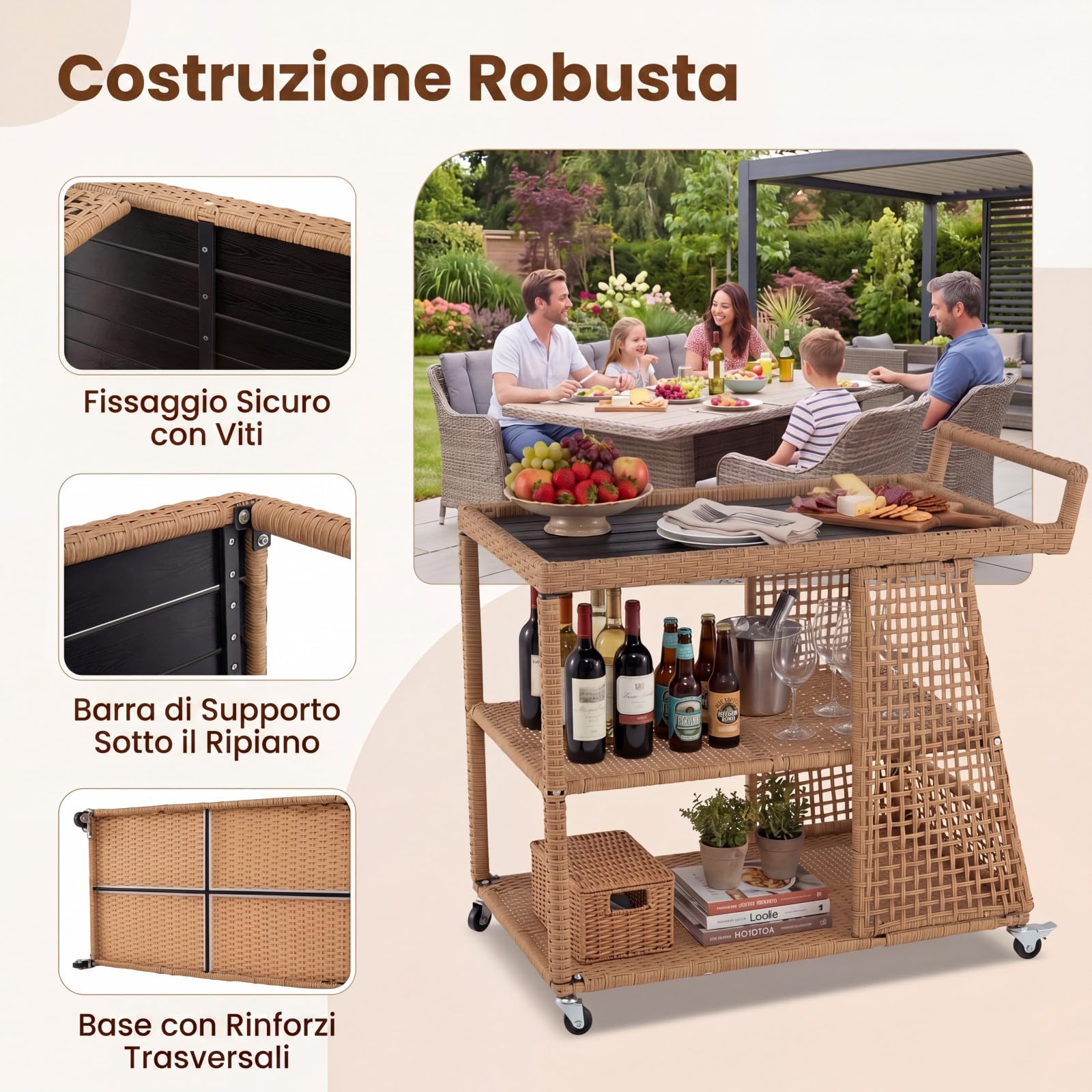 SOARS Carrello Bar in Rattan, Carrello Portavivande con 3 Ripiani Aperti e 4 Ruote, Maniglia Ergonomica, Moderno Carrellino Servizio Esterno Interno per Giardino, Terrazzo, Cucina, 98 X 54 X 92 CM