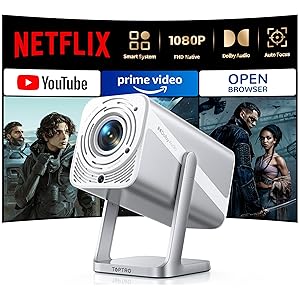 Proiettore 4K【Netflix Ufficiale & Dolby】Proiettore Portatile 700ANSI Messa Fuoco Auto Keystone con Bluetooth Bidirezionale Mini Proiettores Girevole 360° per Home Theater / Esterno / ARC / CEC