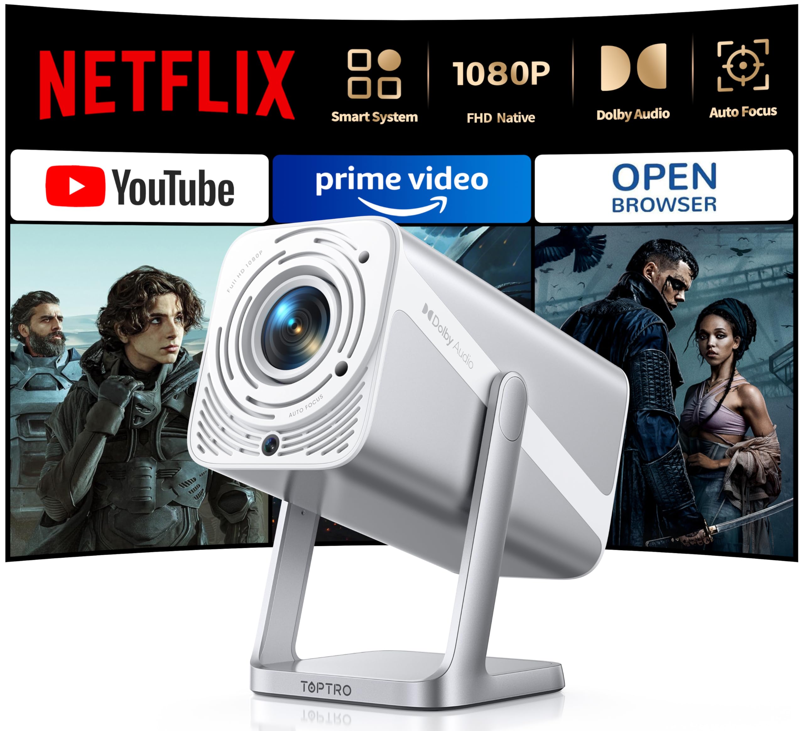 Proiettore 4K【Netflix Ufficiale & Dolby】Proiettore Portatile 700ANSI Messa Fuoco Auto Keystone con Bluetooth Bidirezionale Mini Proiettores Girevole 360° per Home Theater/Esterno/ARC/CEC