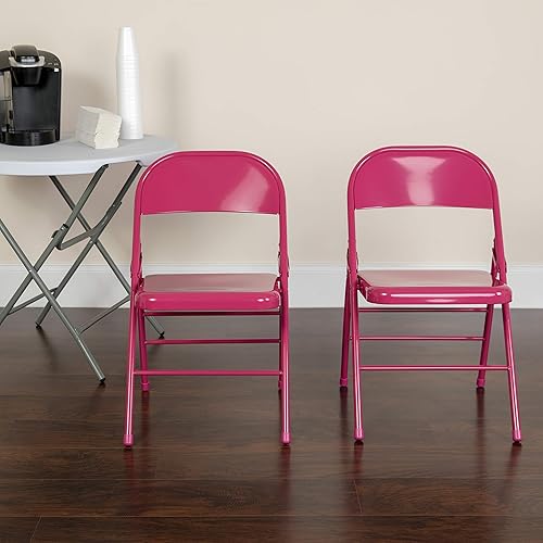 Paquete de 2 sillas plegables de metal con triple refuerzo fucsia