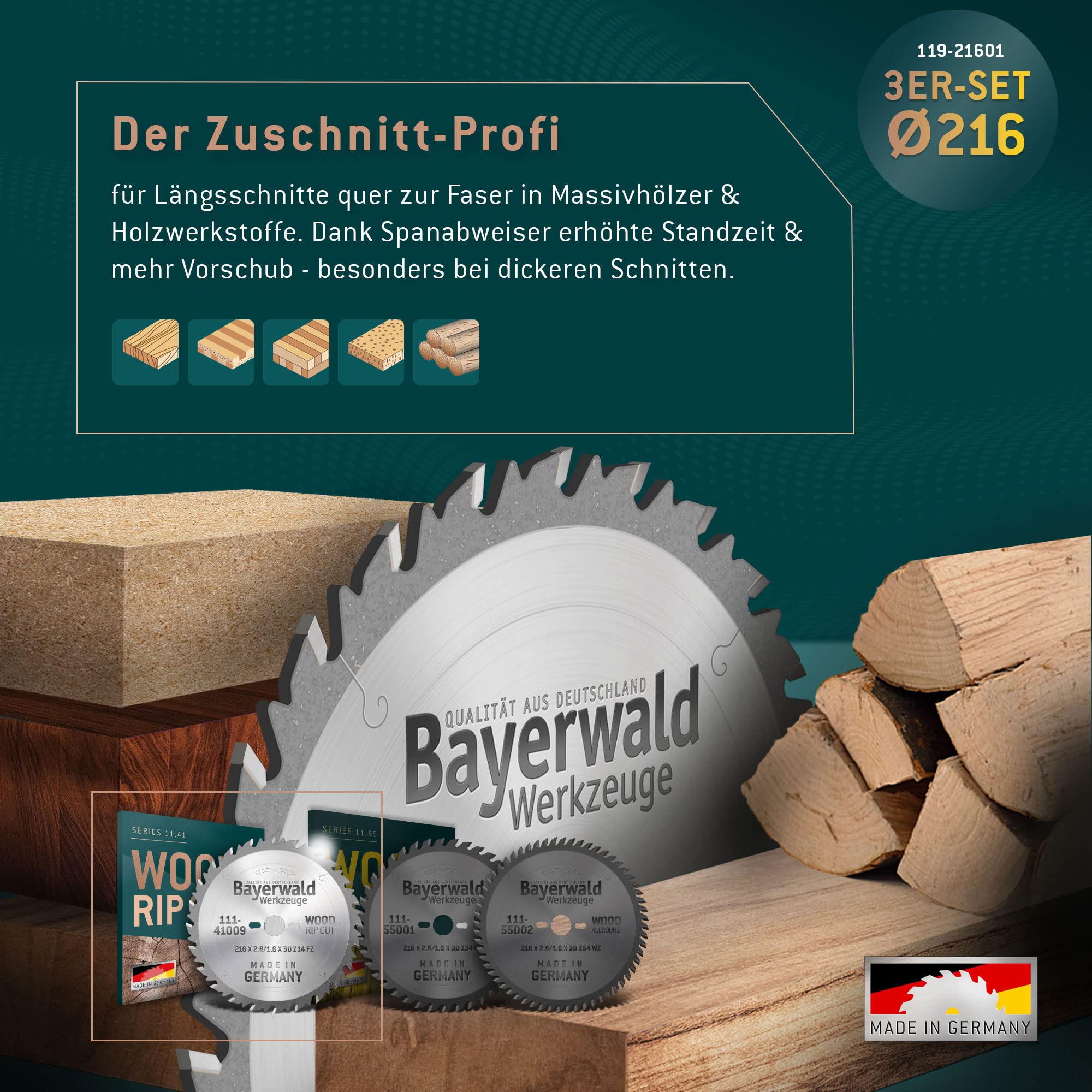Juego de hojas de sierra circular Bayerwald Ø 216 (3 piezas) - para metales no ferrosos y madera - adecuado para sierras de mesa, por ejemplo, para Bosch GTS 635 y Metabo TS 216 y muchas más.