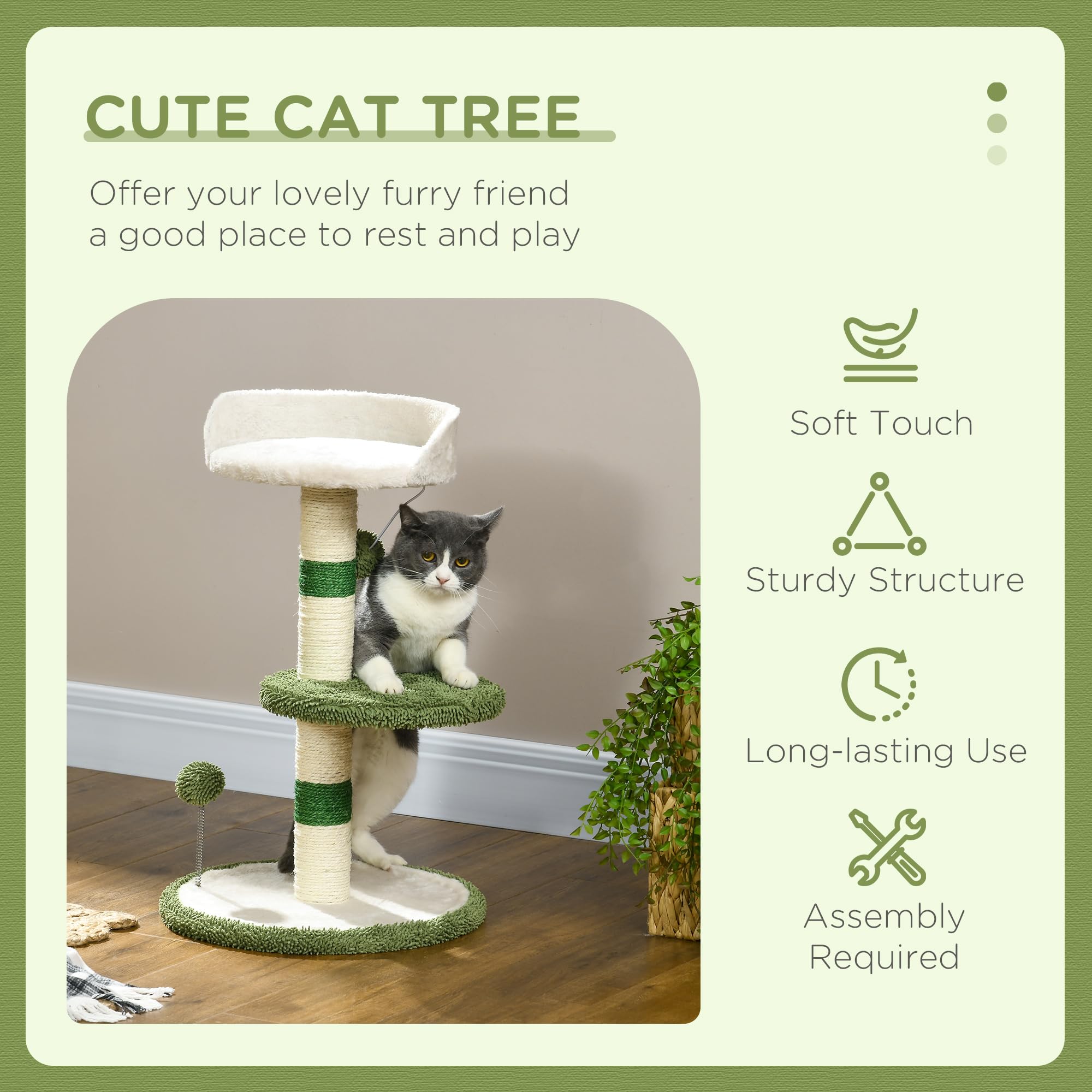 PawHut Arbre à Chat griffoir avec lit 2 balles Vert & Blanc | Plateforme, poteau en sisal, gym pour chat, revêtement chenille & peluche