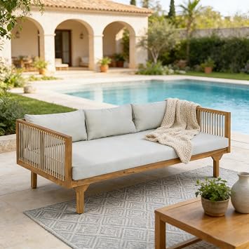 Christopher Knight Home Clarie Acacia Wood Outdoor Daybed Sofa with Water-Resistant Cushion, Solid Wood Patio 3 Seater Sofa Couch, Patio Garden Lounge Sofa with Rope Accent, Teak+Light Gray