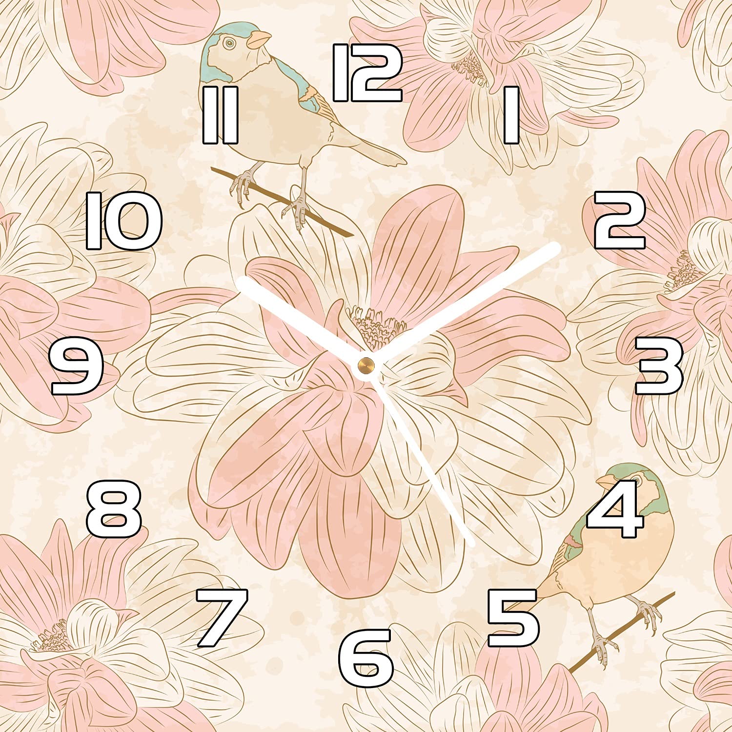 Horloge en verre 30x30 cm beige avec oiseaux décoratifs pour cuisine et salon moderne