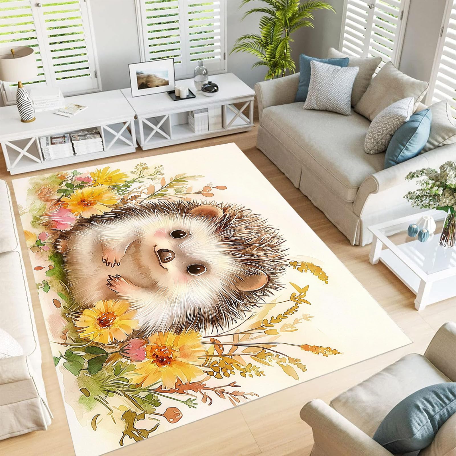 Tapis aquarelle crème pour table basse et canapé de salon de style