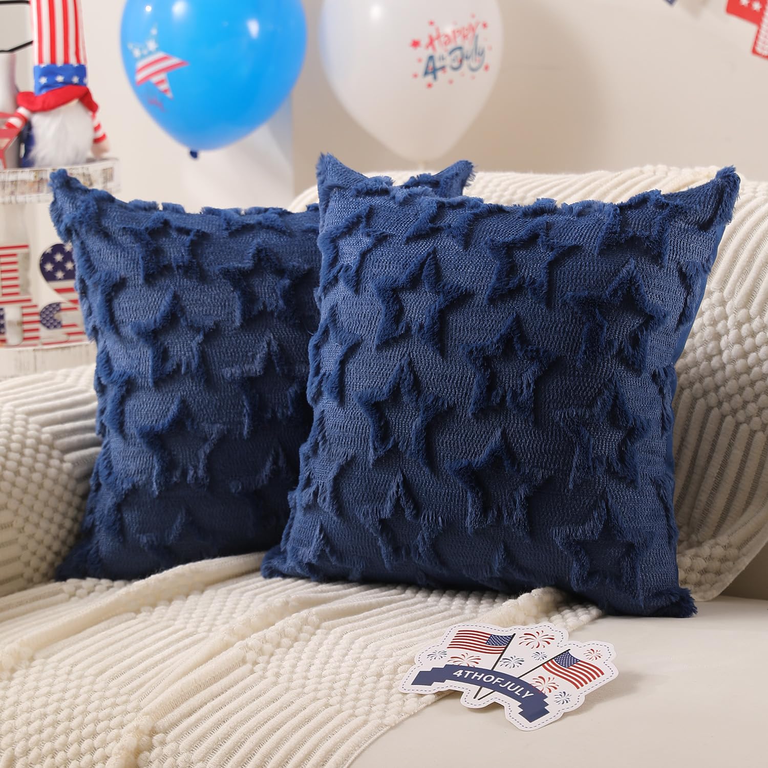 DFXSZ 4th of July Pillow Covers 20x20 inch Set of 2 4th of July Decor Blue Stars Decoration Blue Soft Plush Faux Fur Jacquard Throw Pillows