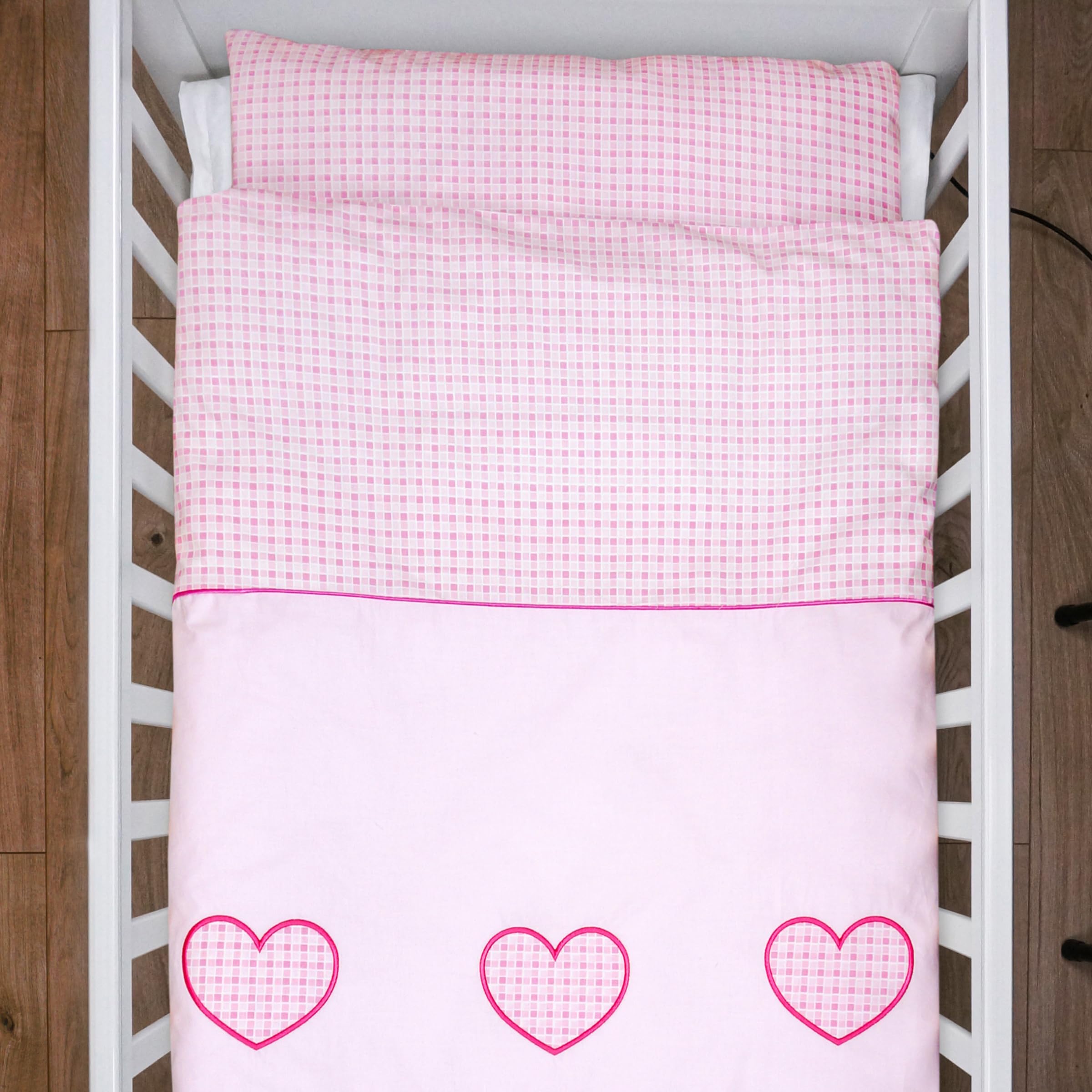 Baby Comfort 2 Pcs Kids Cotton Duvet Cover Pillowcase Bedding Set for Cot Bed 135 x 100 cm 12M+ (Heart Pink)