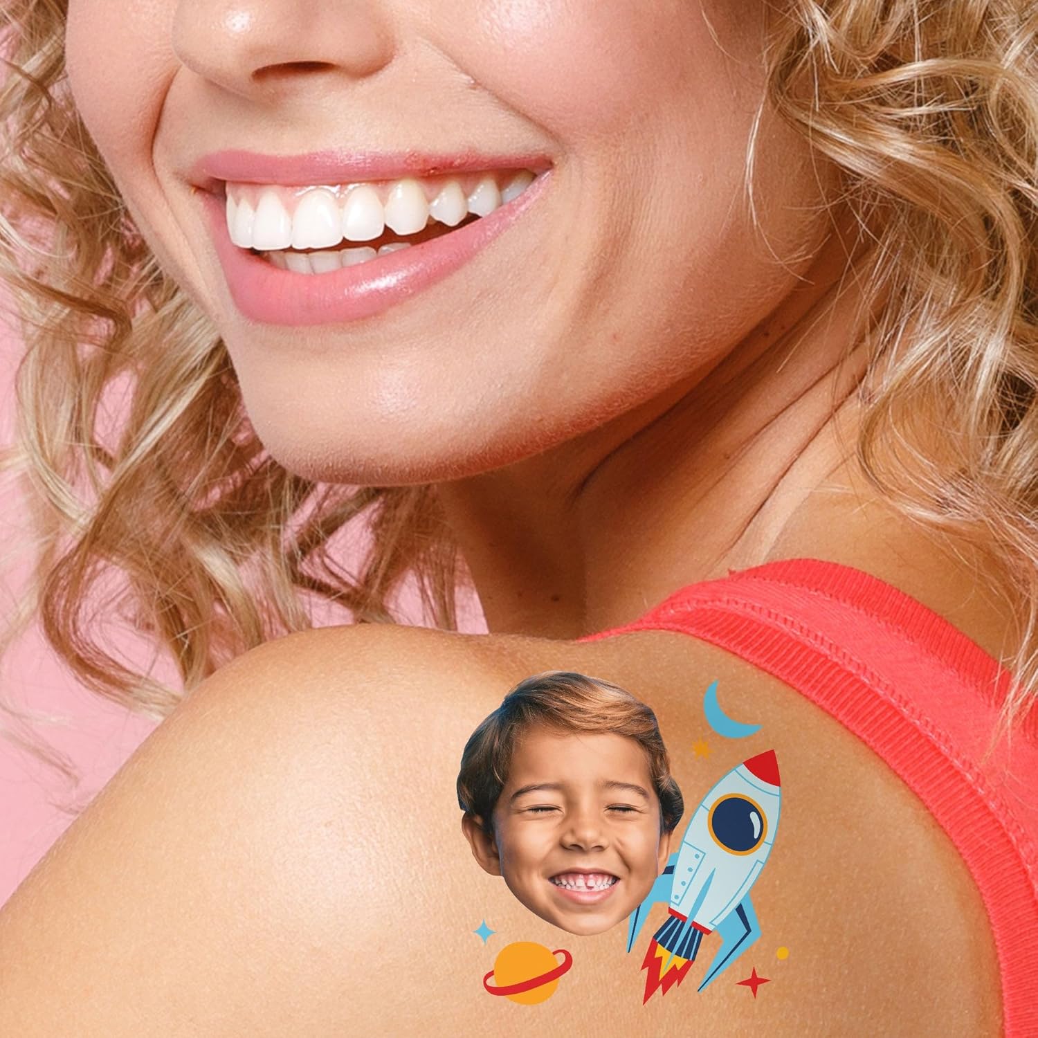Big Dot of Happiness Custom Photo Outer Space Temporary Tattoos, Personalized Rocket Ship Birthday Party Favors for Kids, Fun Face Temporary Tattoos - Set of 12