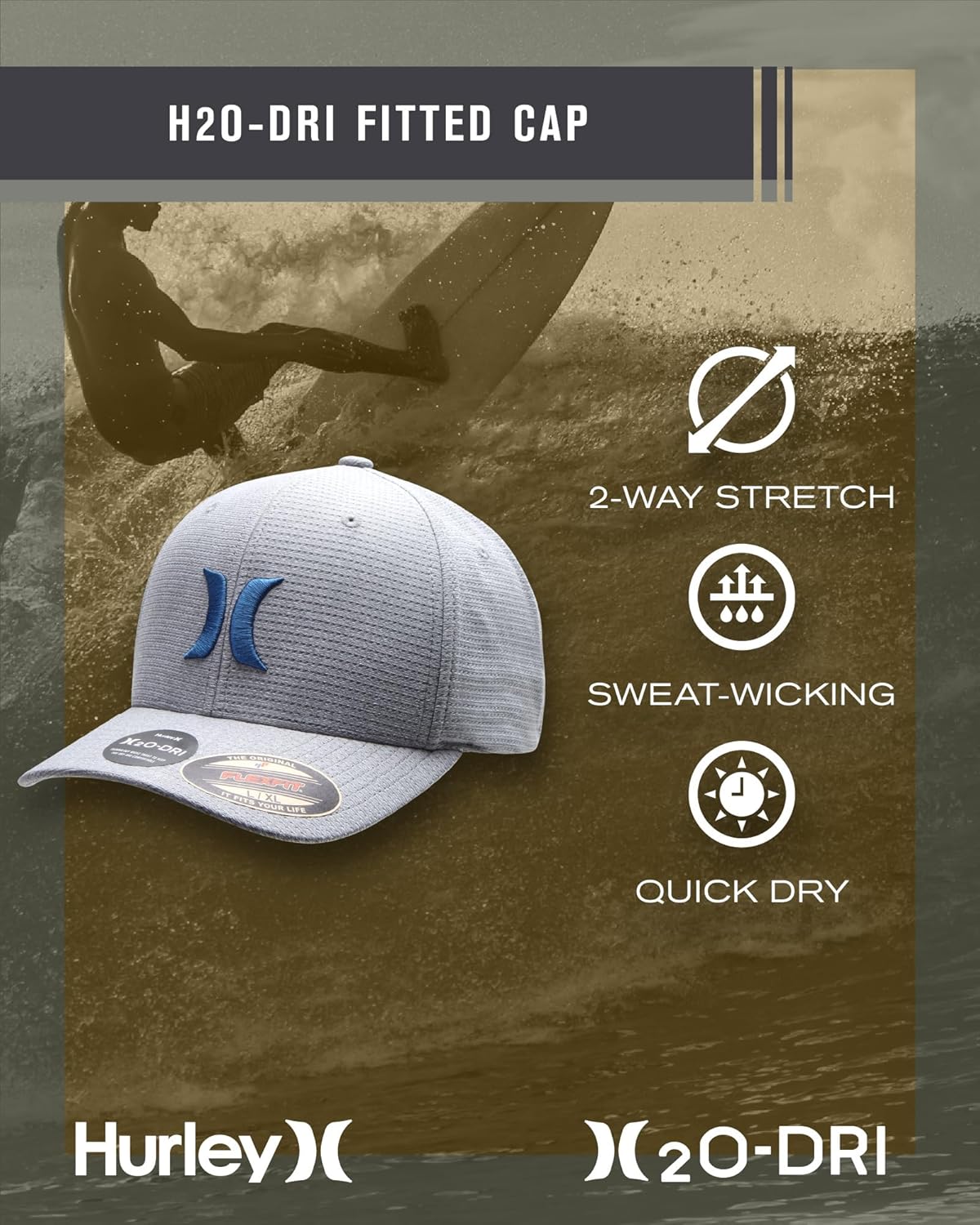 Hurley Men's Baseball Cap – Lightweight Curved Bill H2O Dri Fitted Caps for Men