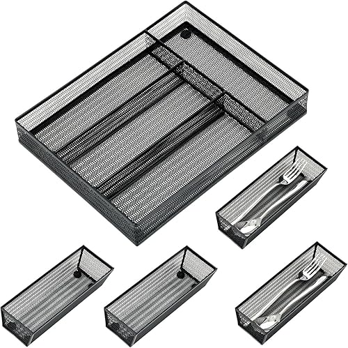 Neudeco Juego de 5 organizadores de cajones, bandeja organizadora de cubiertos de 4 compartimentos + 4 bandejas de utensilios, organizador de
