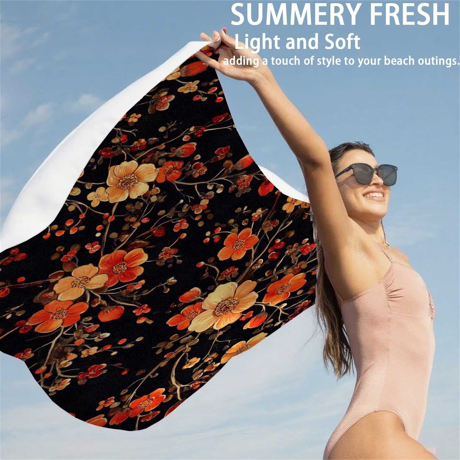 Ręcznik plażowy z mikrofibry, 85 x 170 cm, kwiatowy ręcznik plażowy w stylu retro, do sauny, bez piasku, szybkoschnący, chłonny ręcznik plażowy, ręcznik sportowy na podróż, urlop, do pływania, na