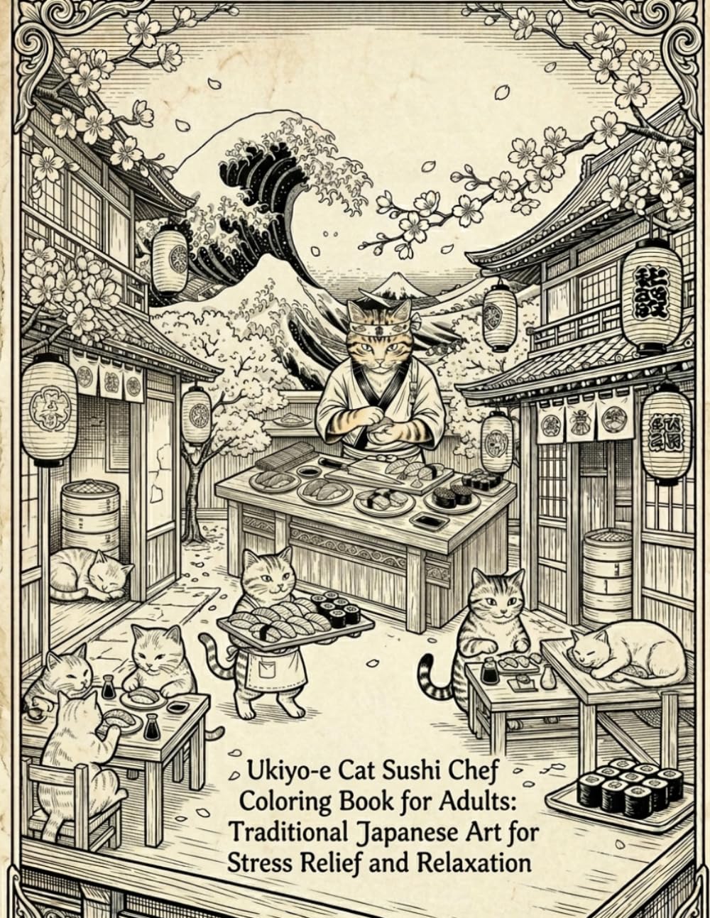Ukiyo-e Cat Sushi Chef Coloring Book for Adults:Traditional Japanese Art for Stress Relief and Relaxation: Japanese Art/ woodblock Print/ Stress Relief/ Mindfulness/ Ukiyo-e Cat Sushi Chef
