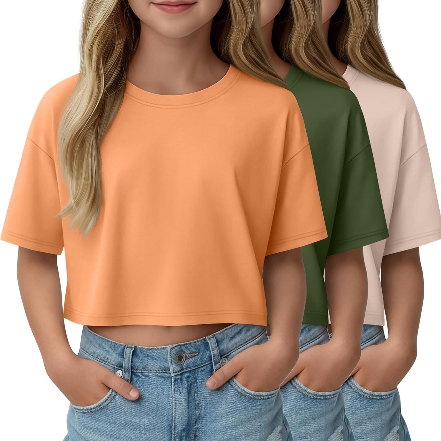 3 Pack Girls Short Sleeve Crop Tops Kids Oversized Crew Neck Cropped Athletic T Shirts Basic Tees Size 5-14 Years