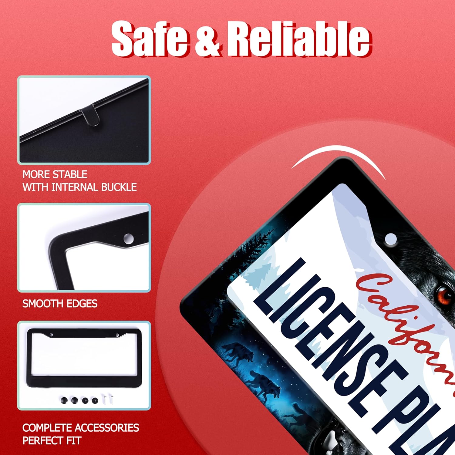 2-Pack Personalized License Plate Frame Wolf Howling Stainless Steel Accessory Night Forest Holder Funny Car Decorative 2 Holes Screws Fits Us Standard License Plates 12.2 X 6.3 Inch for Men Women