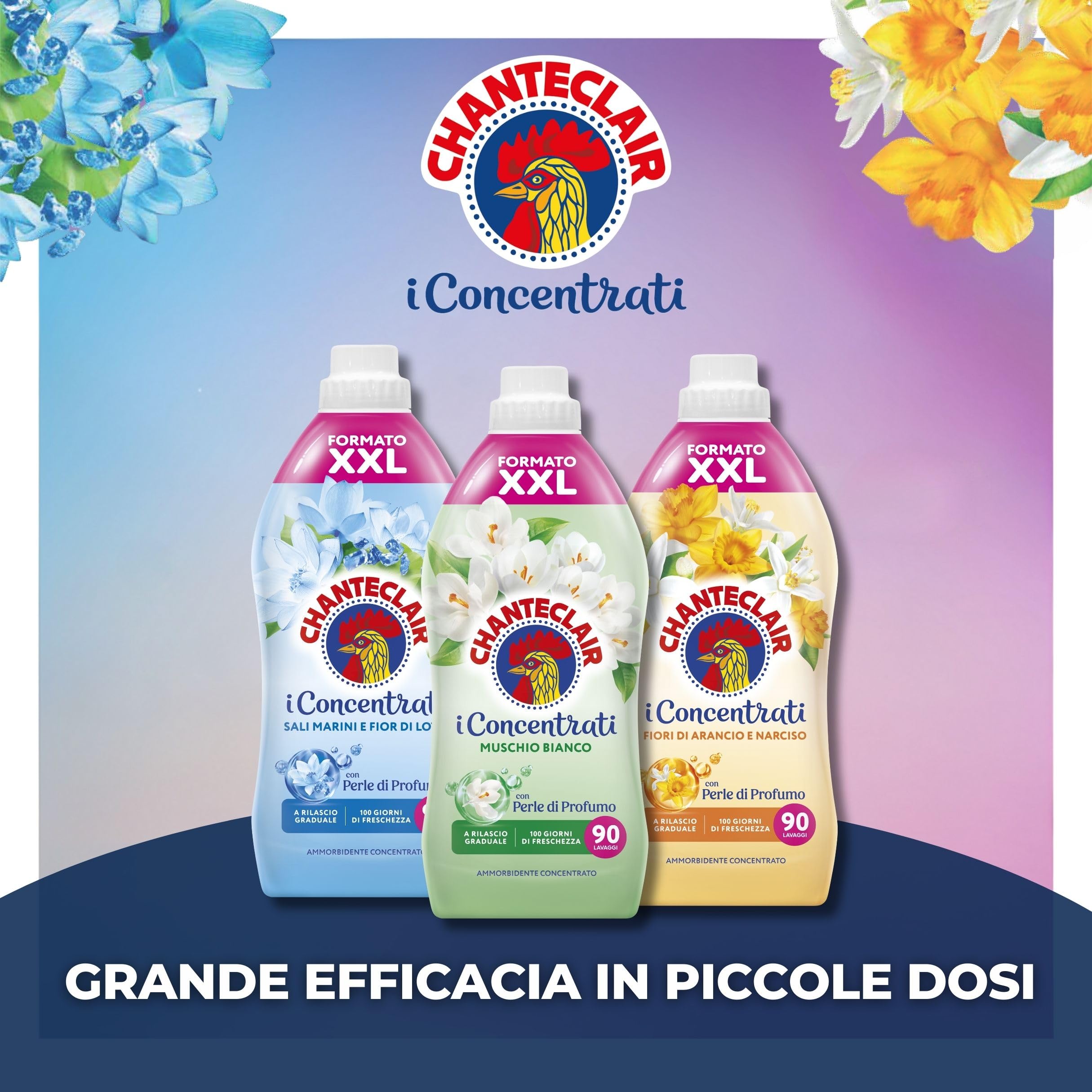 Chanteclair - Ammorbidente "I Concentrati", Fiori d'Arancio e Narciso, Protegge la morbidezza del bucato, Profumo Intenso e Persistente sui Capi - 8 flaconi da 1800 ml, 90 dosi