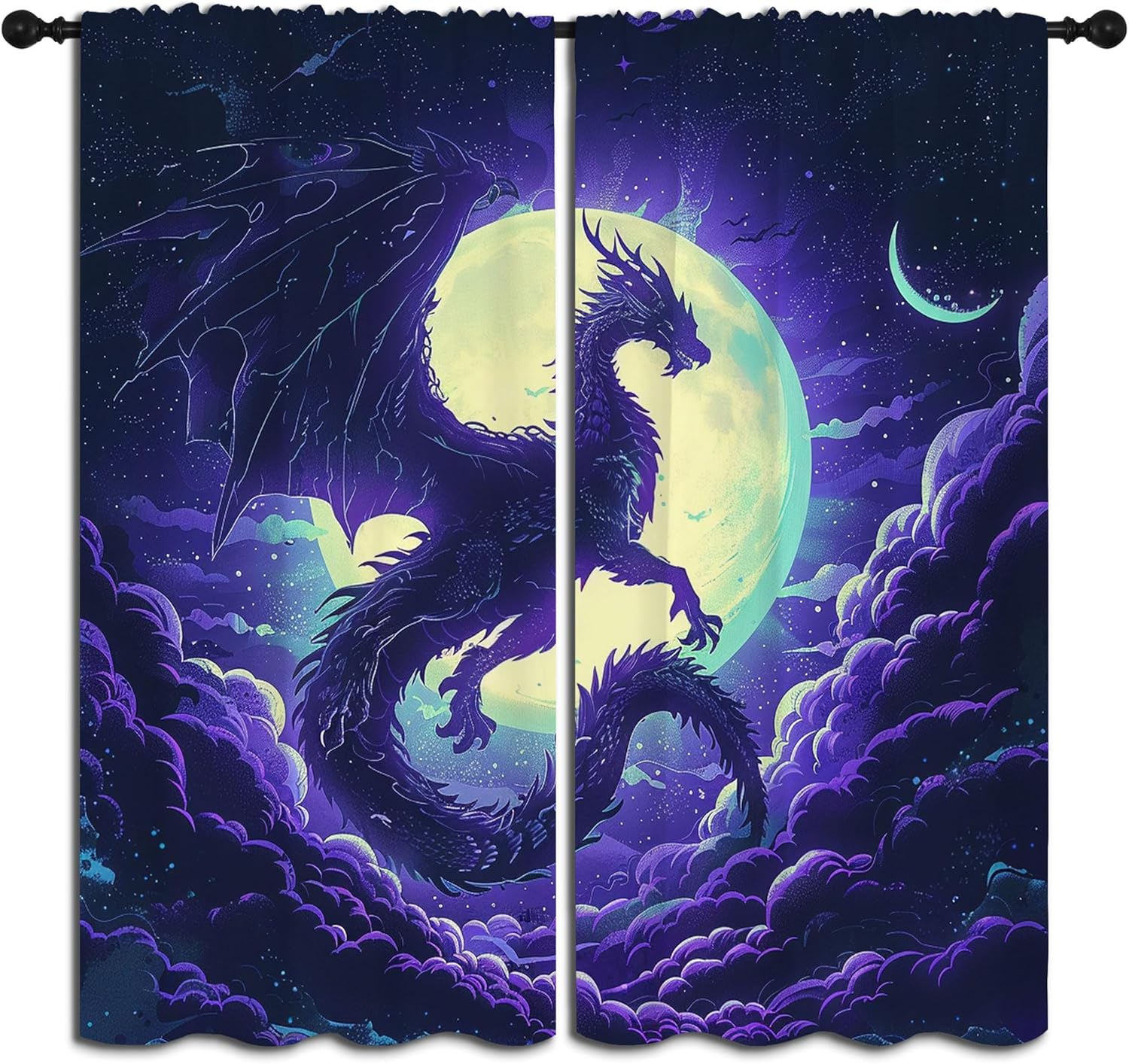 Purple Dragon Blackout Curtains for Boys Girl Bedroom Decor,Fantasy Creature Starry Night Scene Thermal Insulated Rod Pocket Drapes Darkening Window Curtain for Living Room Home 55x63 inch