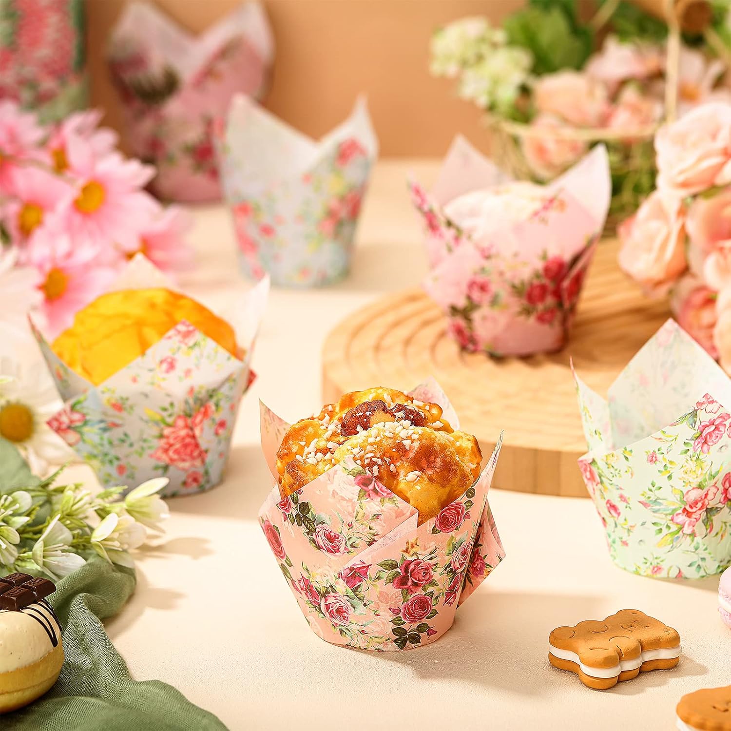 400 Pcs Floral Tulip Cupcake Liners Paper Muffin Baking Cup, Flower