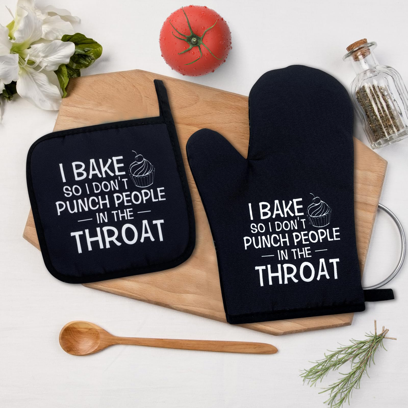I Bake So I Don't Punch People in The Throat,Funny Oven Mitts and Pot Holders Sets of 2,Silicone Non-Slip Oven Mitts,Kitchen Gift for Women,Bake Lover Gift,Housewarming Gifts
