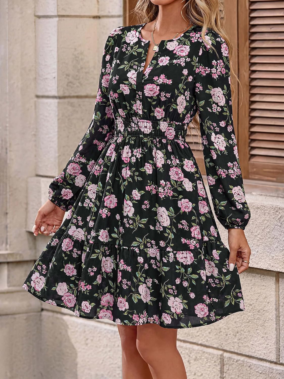  Fall Dresses for Women 2026 Trendy Floral Long Sleeve Mini Dress thumbnail