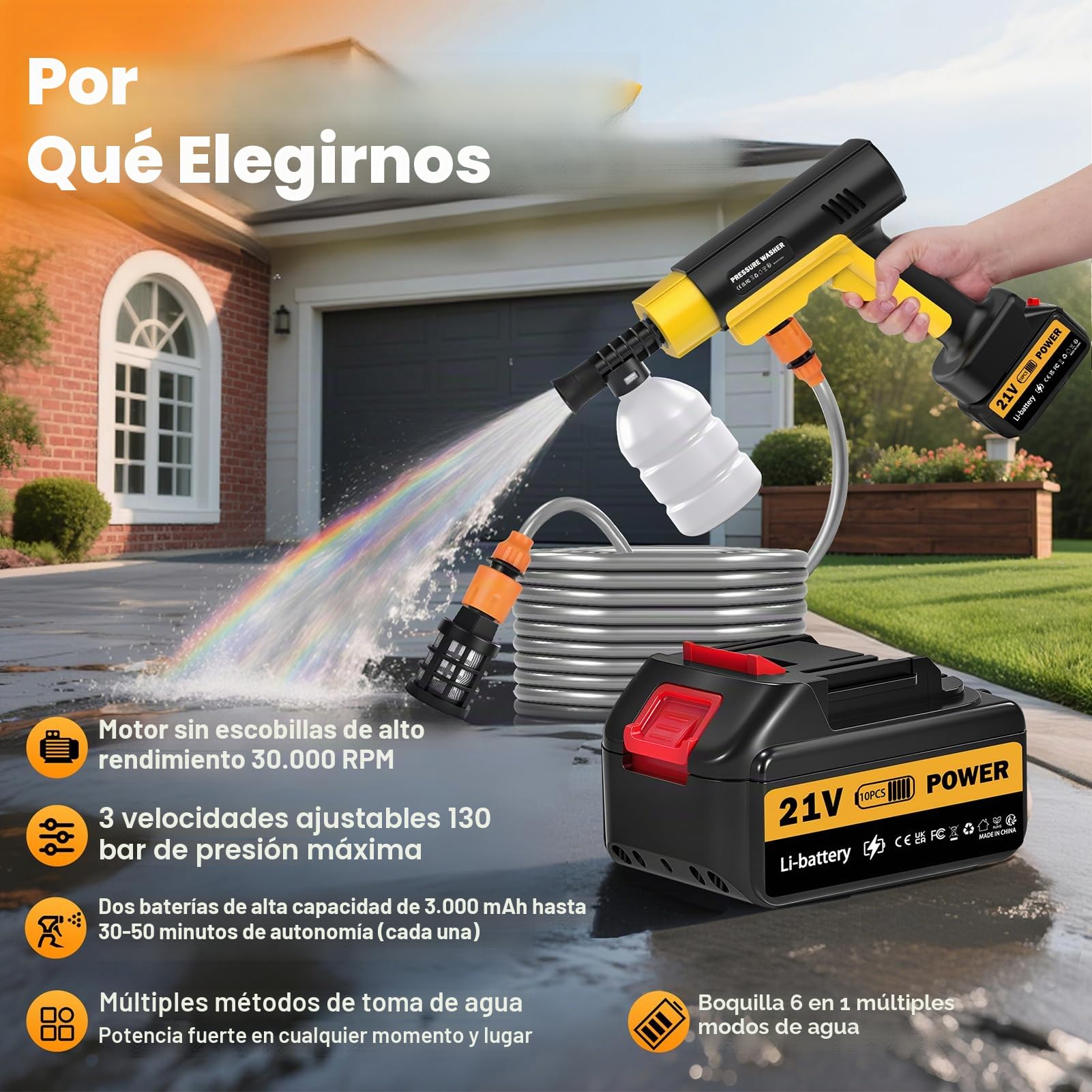 21V Hidrolimpiadora Bateria, 130Bar/1880PSI, 8L/min, 6 en 1 Boquilla con 5M Manguera, 2×3.0Ah Baterías, Alcance 12m para Coche Patio Jardín Limpieza Suelos (con Caja de Herramientas)