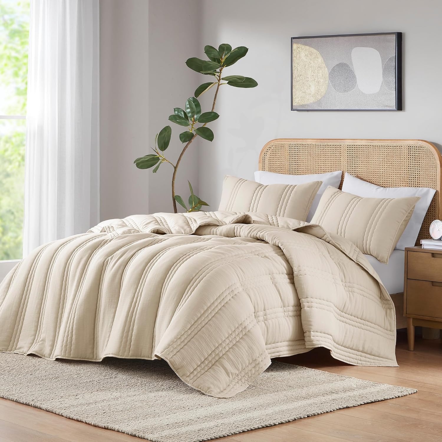 Intelligent Design Queen Quilt Set Crinkled Channel Quilting Coverlet Set Queen Size, Soft Gauze Summer Quilt, Modern All Season Lightweight Bedding, Matching Shams, Dune, Full/Queen, Natural 3 Piece
