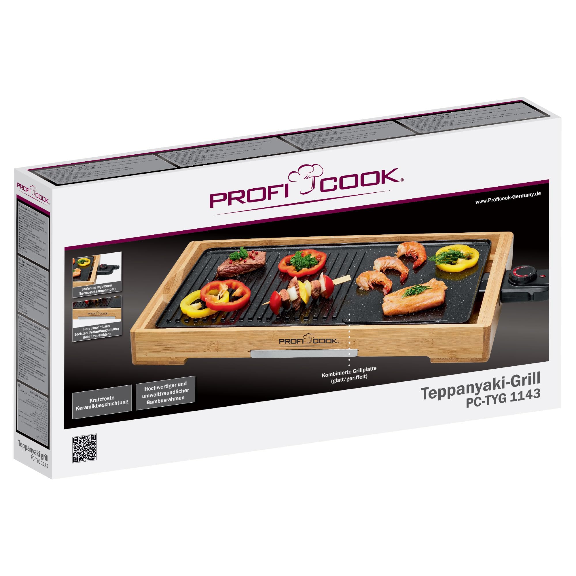 ProfiCook Teppanyaki-Grill 2200 Watt antihaftbeschichtete Grillplatte 51 x 25 cm PC-TYG 1143