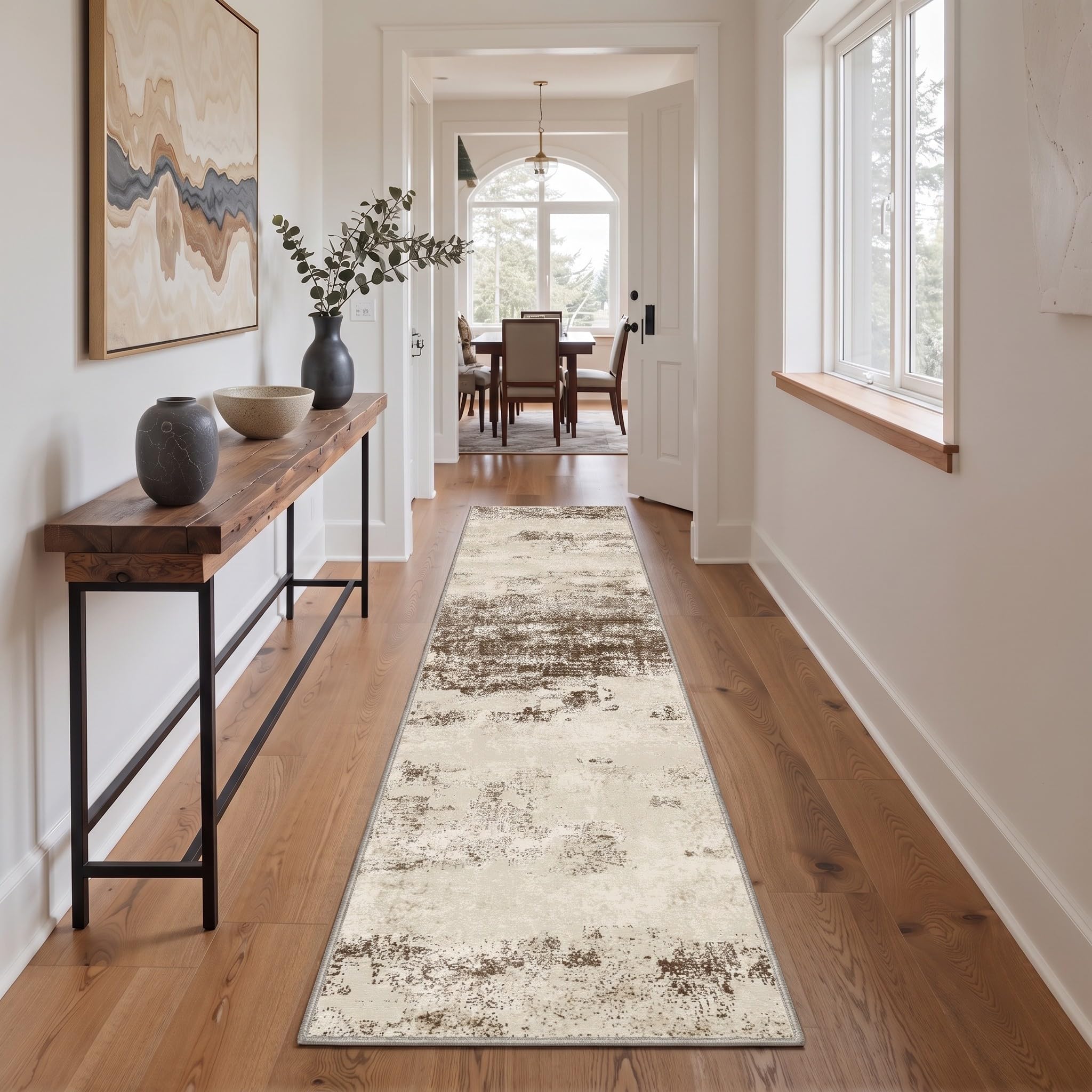 BEIMO 2x10 Antique Beige Abstract Runner Rug, Washable Non-Slip for Hallway
