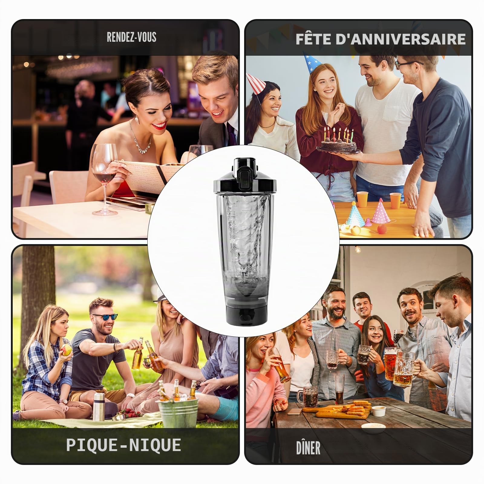 BORDEAG Shaker Électrique à Protéines USB - Bouteille de 600 ml pour Shakes Protéinés et Substituts de Repas (Noir)