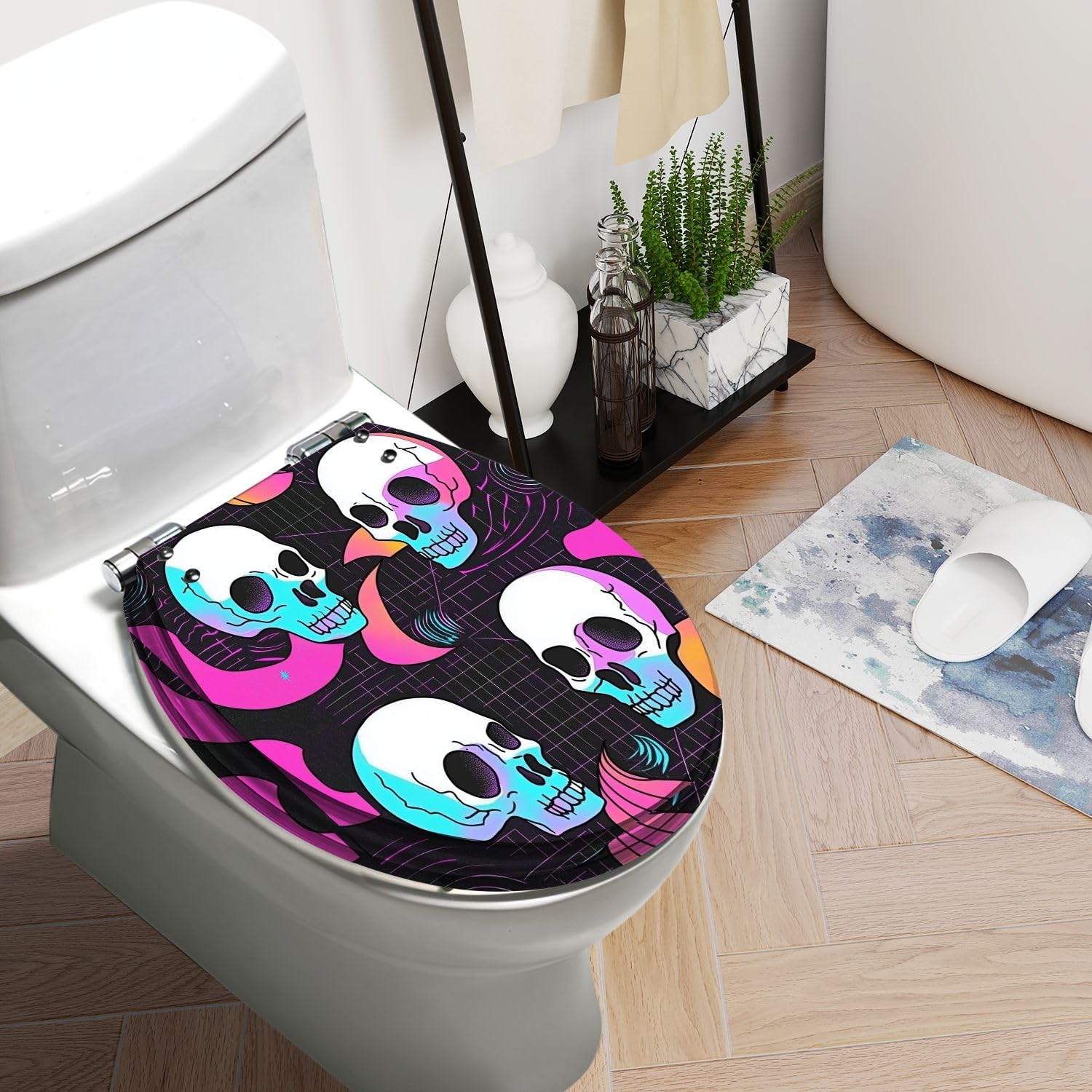 Asiento de inodoro redondo de cierre suave y liberación rápida, de resina, fácil de limpiar, con diseño de calavera psicodélica de rejilla distorsionada.