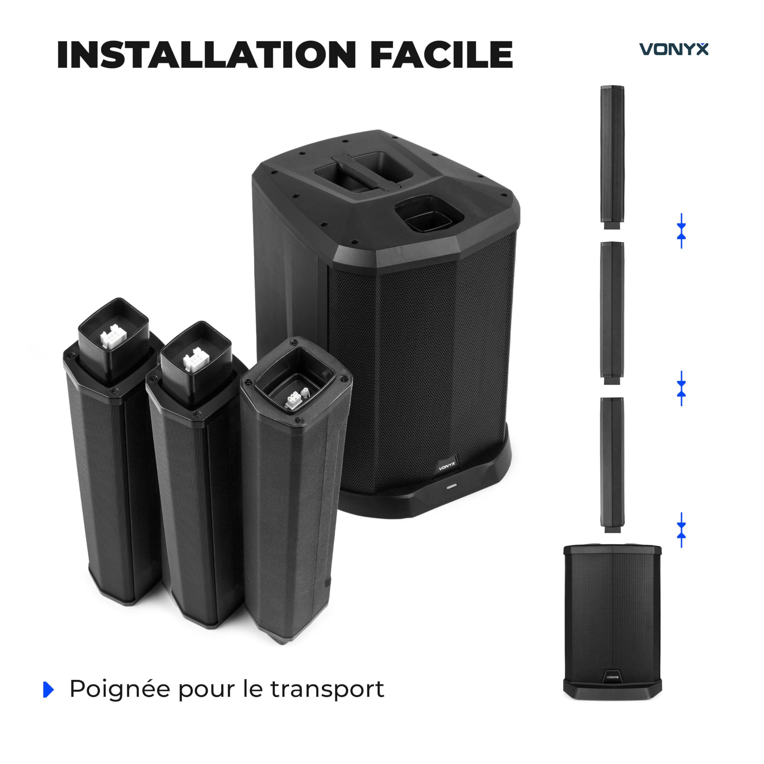 VONYX VX808B Enceinte Colonne Active 320W sur Batterie BT avec Contrôle Audio Intégré, Sono Portable DJ Extérieur et Animation