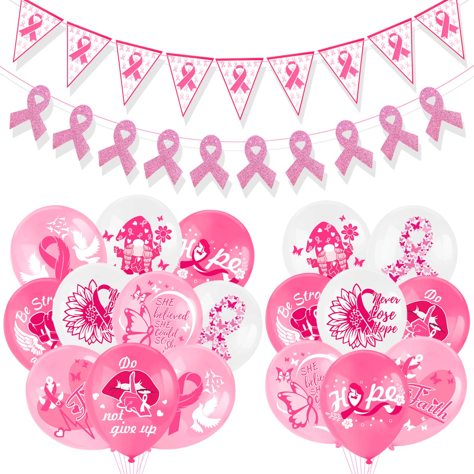 HOWAF Breast Cancer Awareness Balloons Pink Ribbon Latex Balloon Glitter Breast Cancer Awareness Banner Pink Ribbon Pennant Hope Faith Survive Banner for breast cancer Decorations