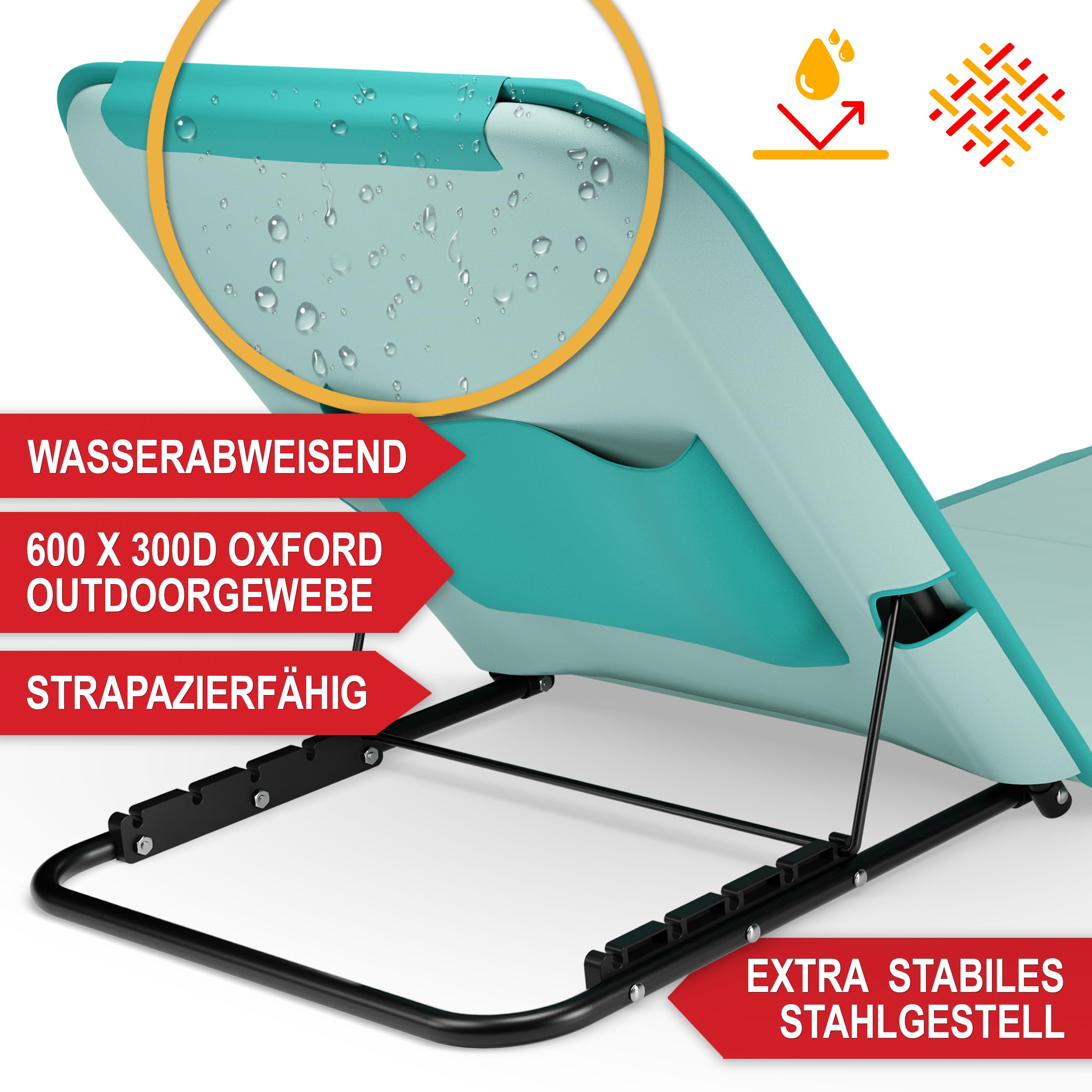 Onbest Bequeme Strandliege 165 cm lang - mit Verstellbarer Rückenlehne und Liegekissen – praktisches Staufach – Strandmatte klappbar – Leichter Transport – inkl. Tragetasche - Strandmatte (Türkis)