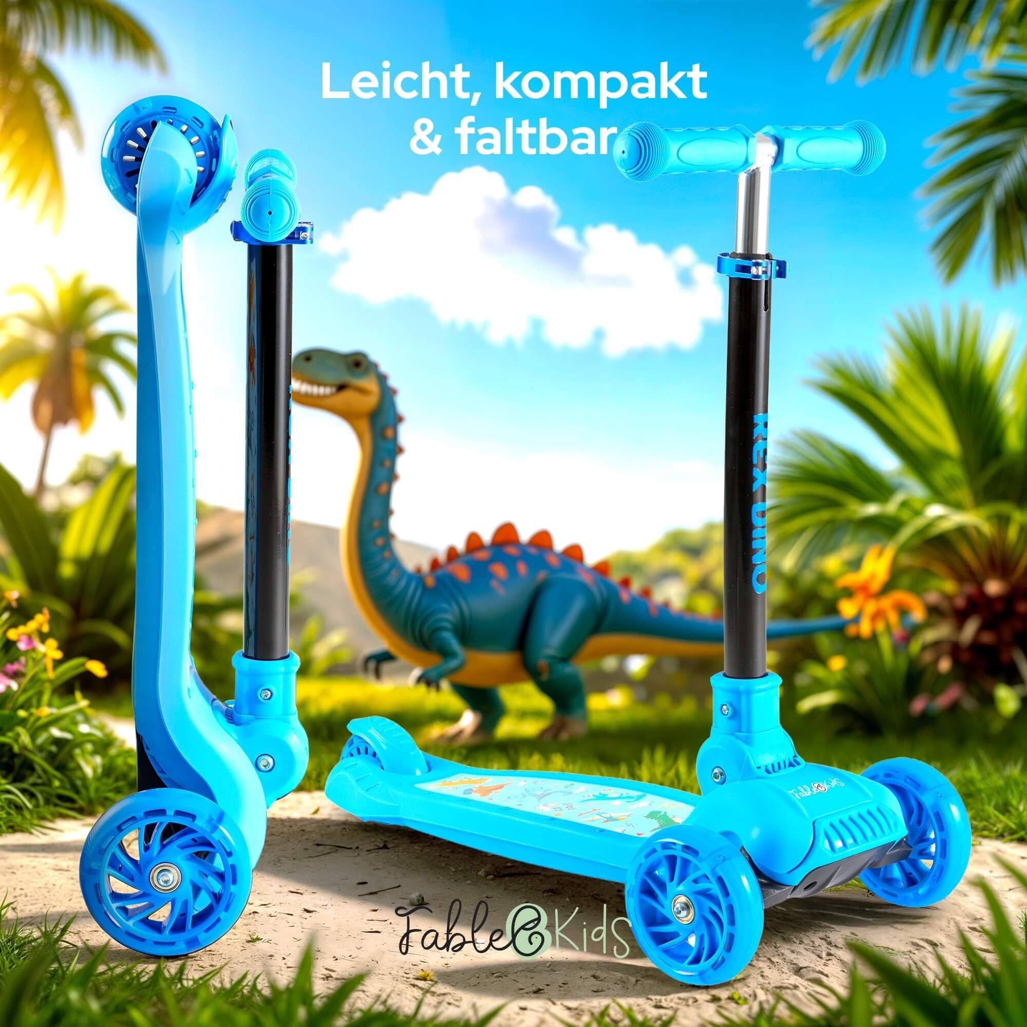 FableKids Kinderscooter Cityroller Tretroller Scooter höhenverstellbar | klappbar | LED-Räder | Tritt-Bremse | für Kleinkinder ab 3 Jahren | bis 50 kg belastbarer Roller | Kickroller