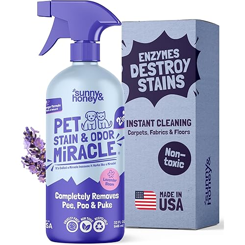 Sunny & Honey Pet Stain & Odor Miracle - 32 Fl Oz, Light Lavender Scent - Carpet Stain Remover & Urine Odor Eliminator - Upholstery Cleaner Spray - Enzyme Formula for Upholstery, Couch & Mattress
