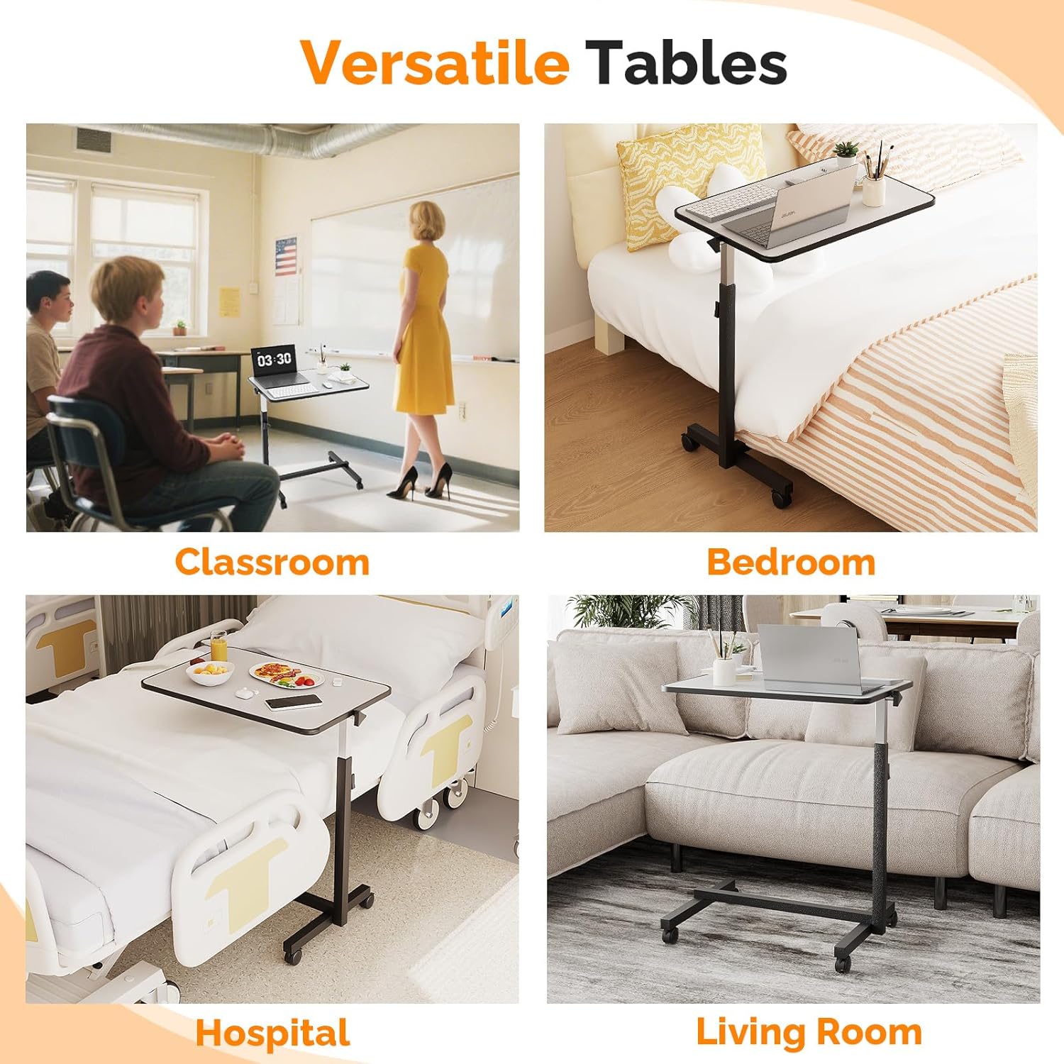 FCH 23.6 Inch Rolling Adjustable Multifunctional Lifting Computer Desk, Tilting Desktop, Sit Stand Laptop Desk TV Tray for Bed Sofa Hospital Reading Eating, Silver