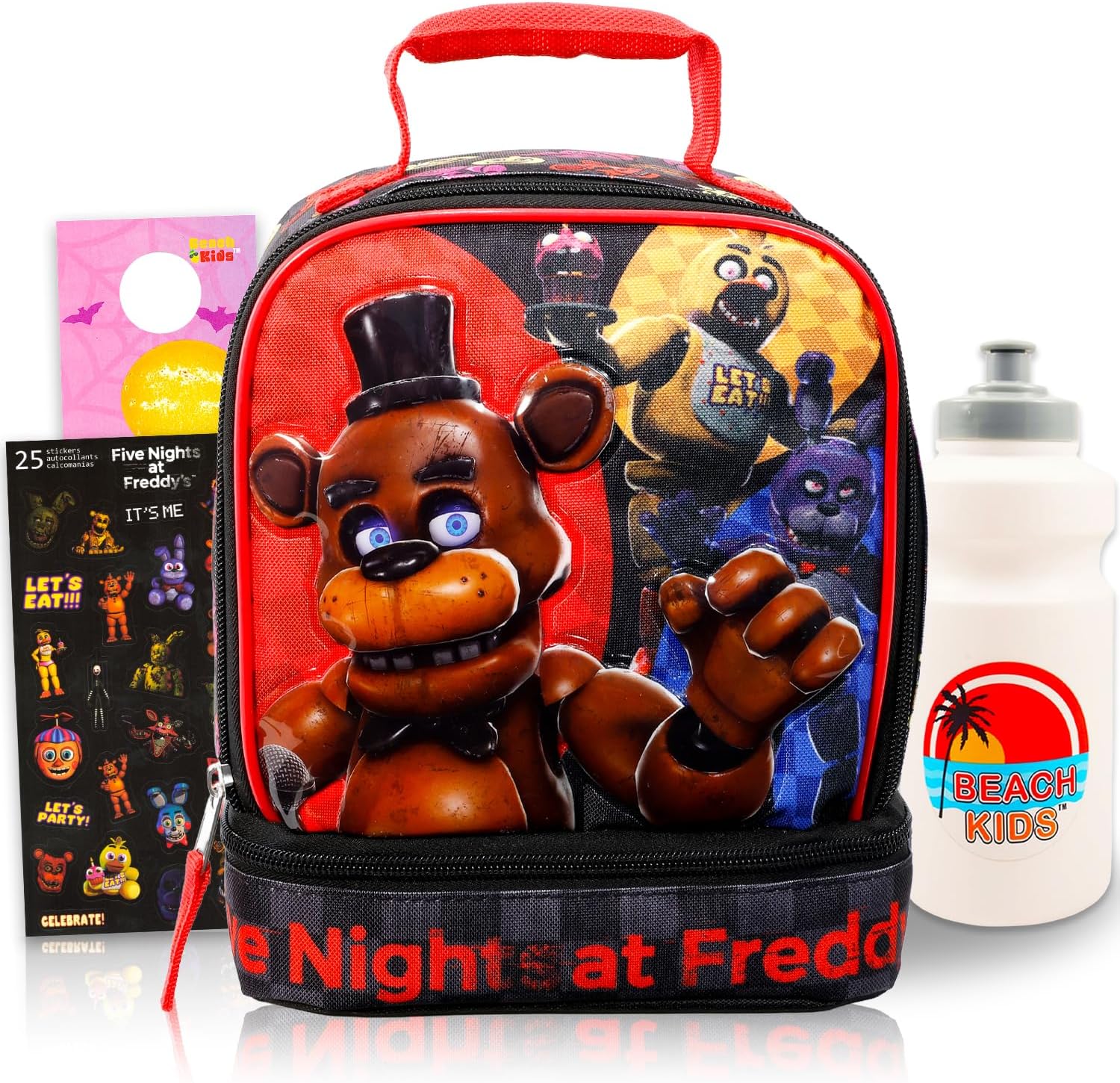 Lunch Box Bundle w/Insulated Lunch Bag + More | Soft Dual-Compartment FNAF Lunchbox Plus Bottle, Stickers, More - Five Nights at Freddy's School Supplies for Boys Girls Kids