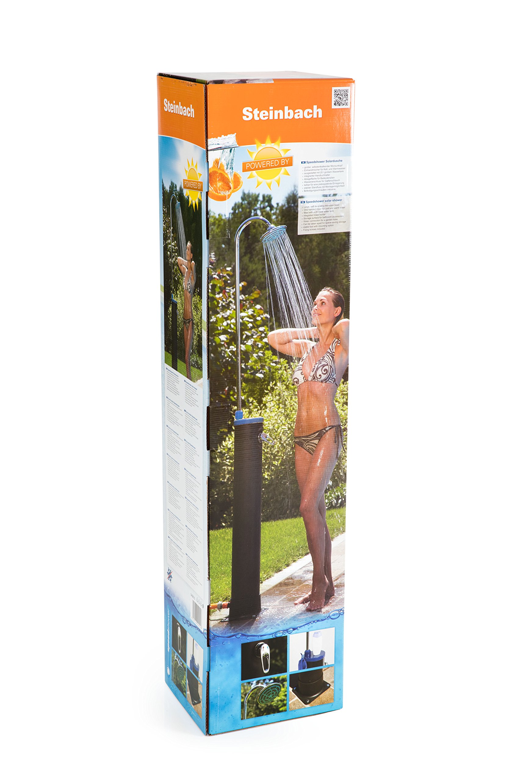 Steinbach Solardusche Flexible – 049010 – Platzsparende Gartendusche mit 20 l Kunststoff-Tank und selbstentkalkendem Duschkopf – Inkl. Handtuchhalter und Ablagefläche – 2,17 m hoch