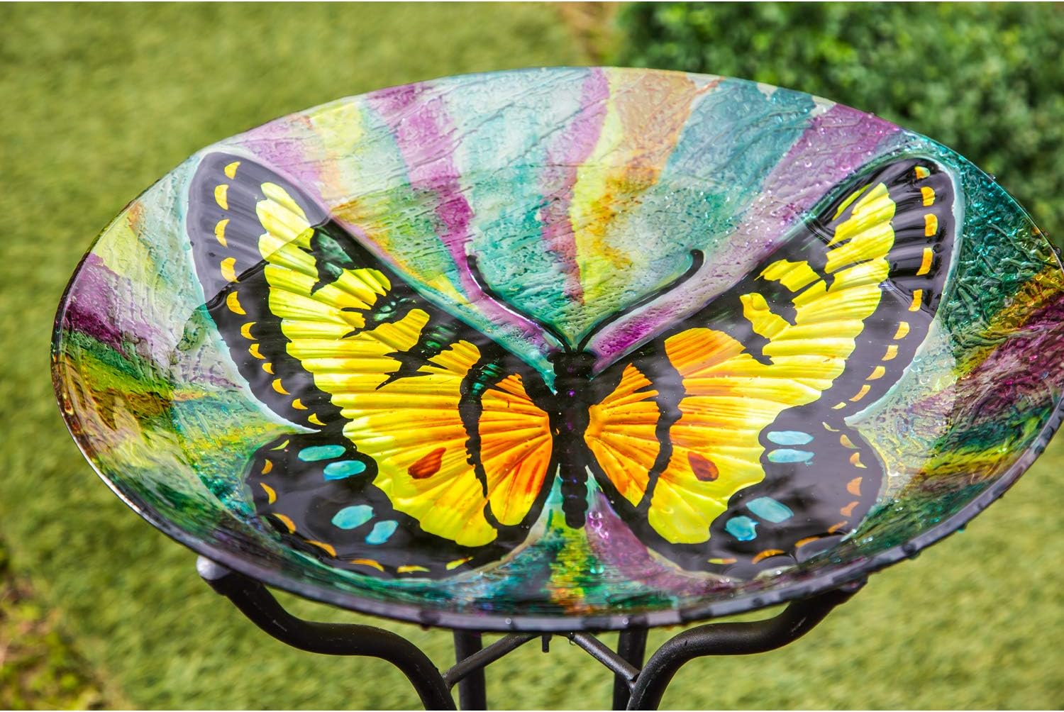 Evergreen Garden 18" Hand Painted Glass Bird Bath with Oil Paint Finish, Butterfly Garden Décor and Accessories for Home and Yard