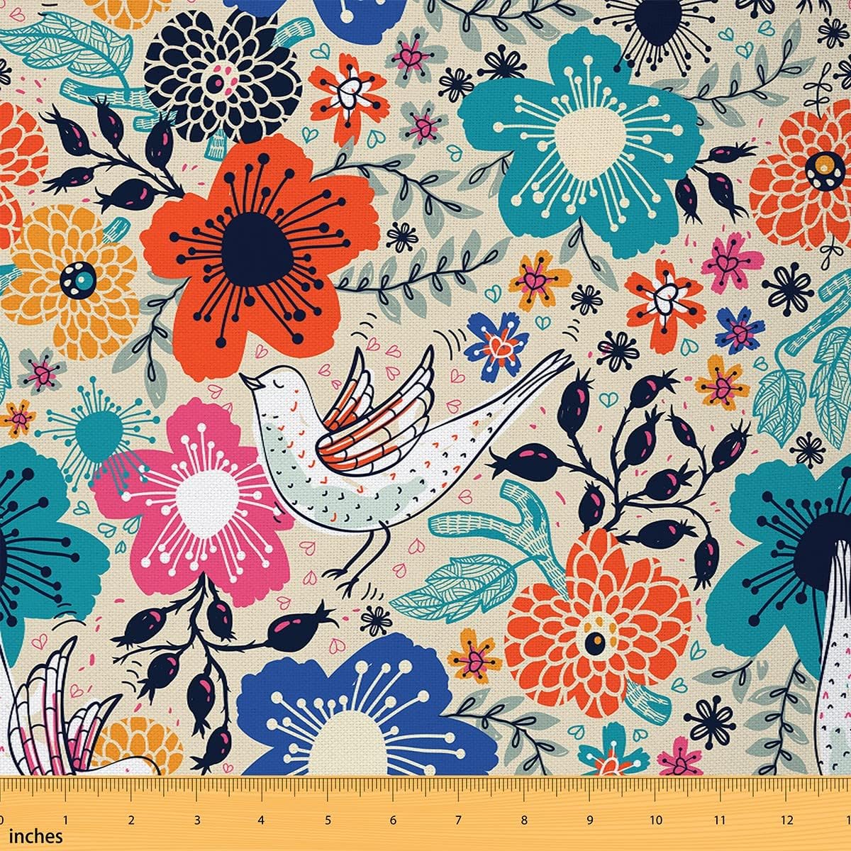 Colorful Flowers Fabric by The Yard Cute Cartoon Bird