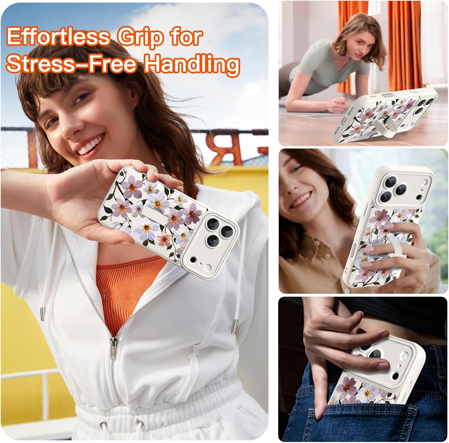 Magnetic Case for iPhone 17 Pro with Finger Hand Strap Kickstand [Compatible with Magsafe] White Floral Flowers Pattern for Women Man,Slim Full Camera Protection Shockproof Phone Case