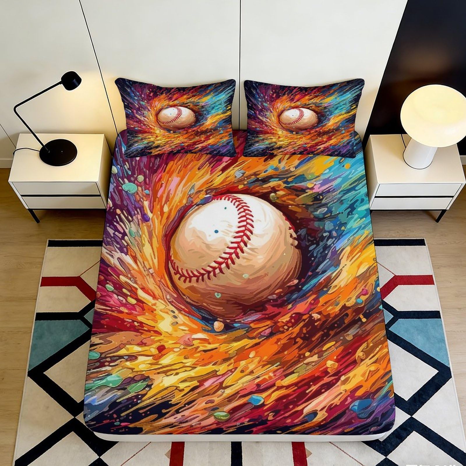 3D Printed Color Splash Baseball Fitted Sheet Microfiber Vibrant Mattress Cover for Bedroom Guest Room Youth 90x200x25cm