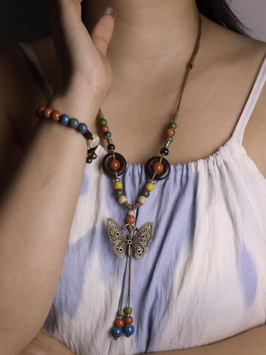 Native American Necklaces for Women Bohemian Colorful Ceramic Beaded Funky Fashion Boho Hippie Jewelry Statement Long Strand Pendant Necklace With Butterfly for Ladies Dressy Summer