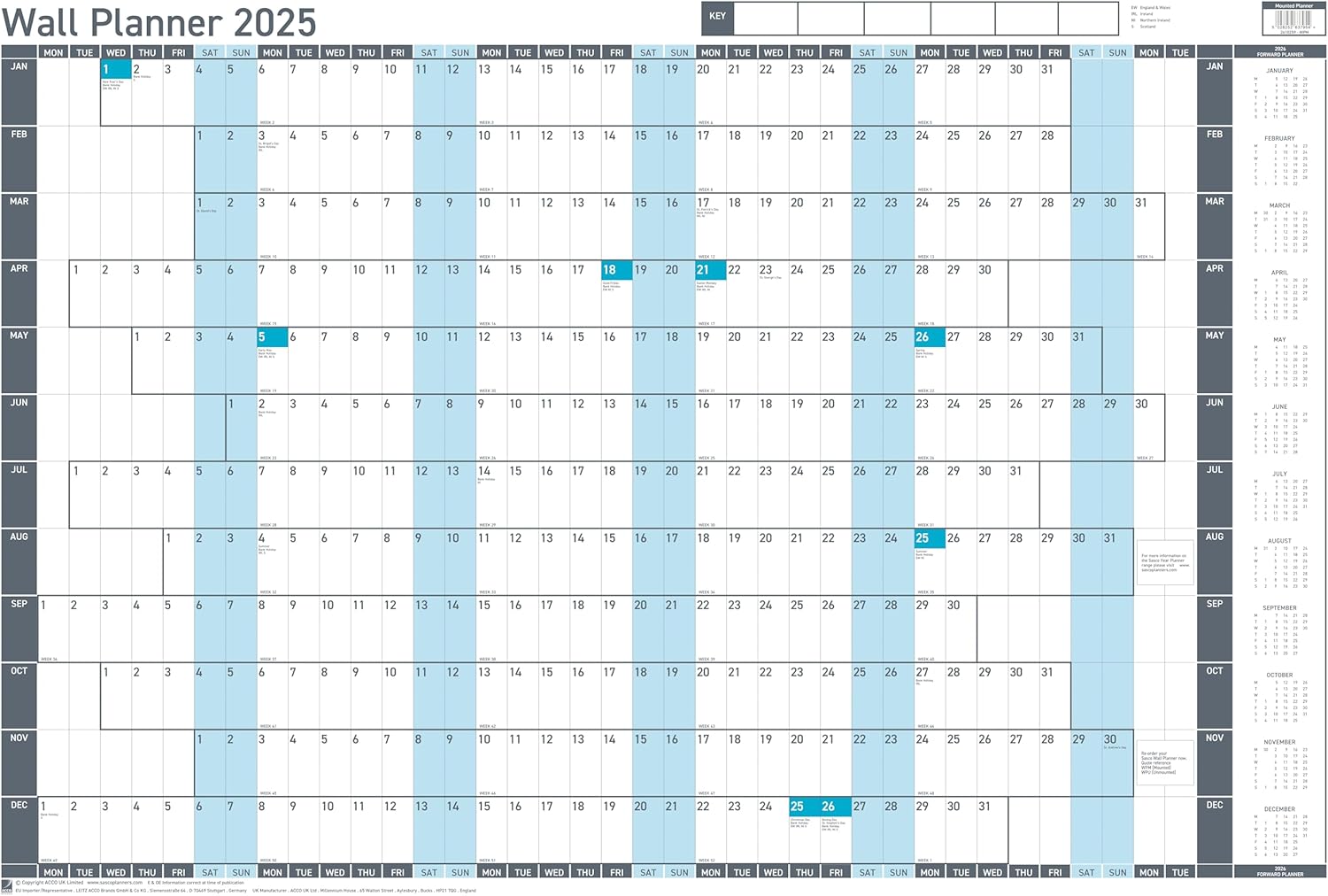 Sasco 2025 Value Yearly Wall Planner Set, Board Mounted Whiteboard Style Dry Erase Calendar, Large Wall Planner, Blue, 915 x 610mm, 2410259