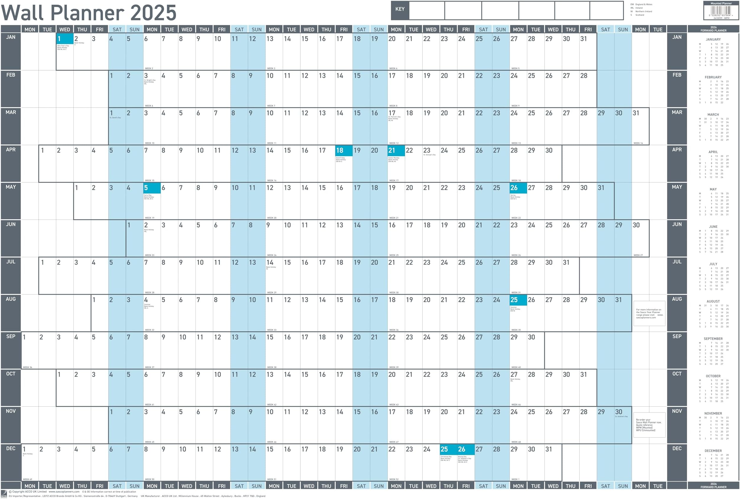 Sasco2025 Value Yearly Wall Planner Set, Board Mounted Whiteboard Style Dry Erase Calendar, Large Wall Planner, Blue, 915 x 610mm, 2410259