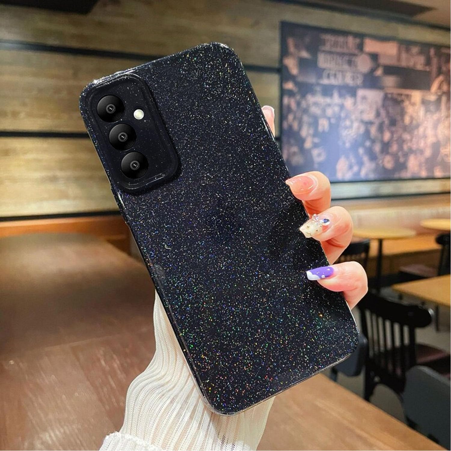 KC Back Cover for Samsung Galaxy A54 5G - Cute Flexible Silicone Glitter Stars Soft Silicone Protective Camera Protection Case (Black)