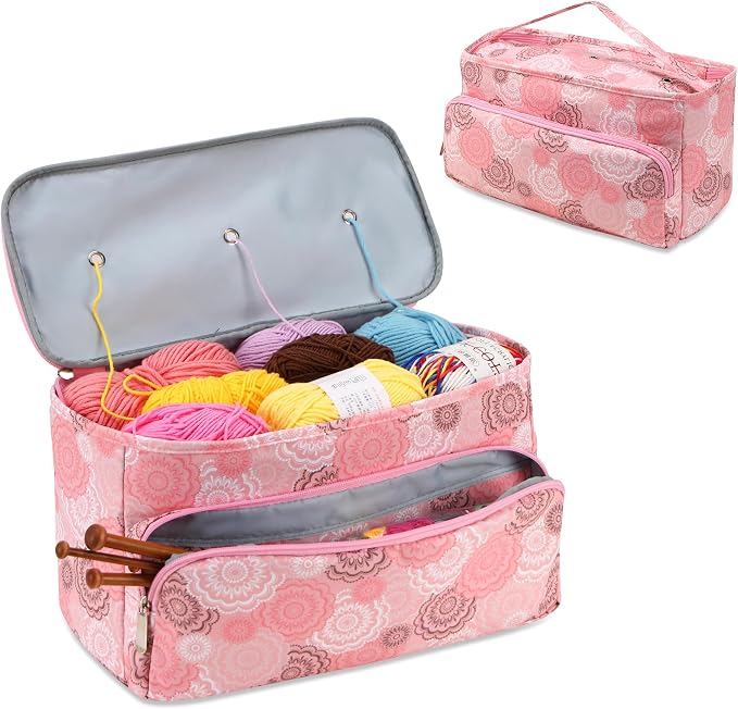 LOOEN Sac à Tricoter Grande Capacité Avec Multi-Poches - Organiseur Bleu Pour Pelotes Et Accessoires Sac à Projet Tricot