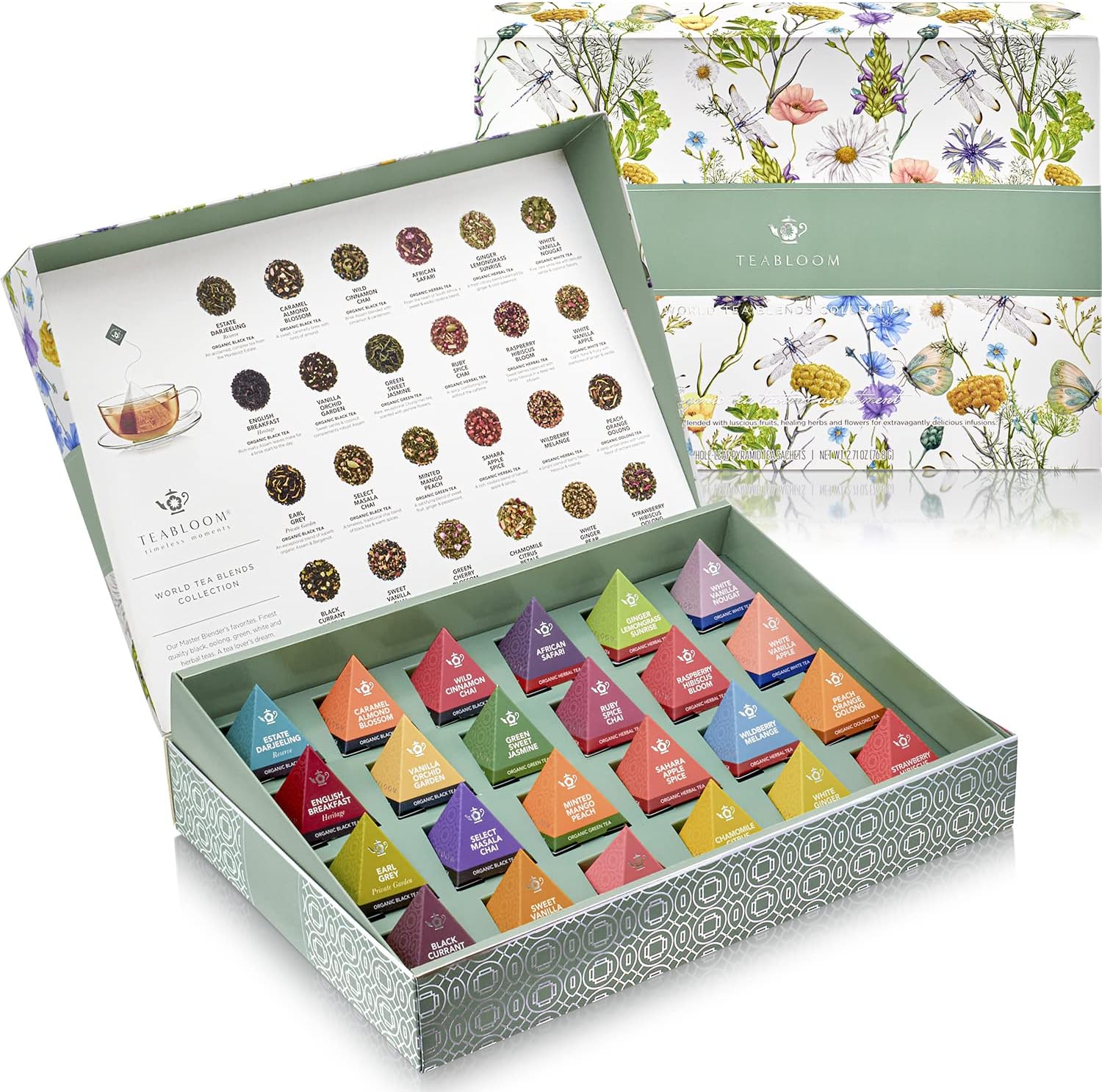 Teabloom - World Pyramid Tea Collection, 24 Varieties of USDA Organic Black Tea, Green Tea, White Tea, Oolong Tea, and Herbal Tea Blends